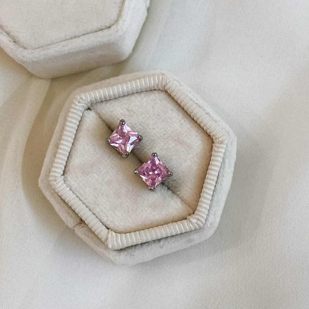 VTG Silver Pink Square Stud Earrings